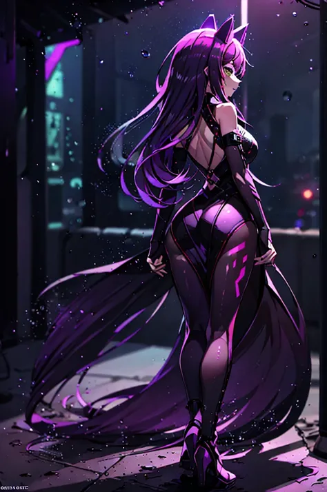 I imagine this girl with a futuristic appearance and full of mystery. Her body is wrapped in a purple and black bodysuit., Shiny chains intertwine around his arms and legs, as if they were metallic tattoos. The three-strand necklace, with its digit-shaped ...