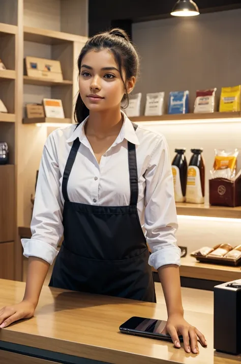 A young  store owner seating on the stores counter and ordering something on phone call