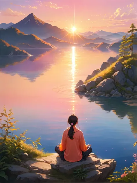 Imagine a peaceful and tranquil morning scene。On the mountain top，Surrounded by calm waters，A person bathing in the first rays of sunlight at dawn。The sun rises over the horizon，Warm light shines on the water，Make the sky appear orange and pink，Let the wat...