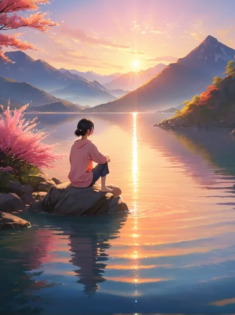 Imagine a peaceful and tranquil morning scene。On the mountain top，Surrounded by calm waters，A person bathing in the first rays of sunlight at dawn。The sun rises over the horizon，Warm light shines on the water，Make the sky appear orange and pink，Let the wat...