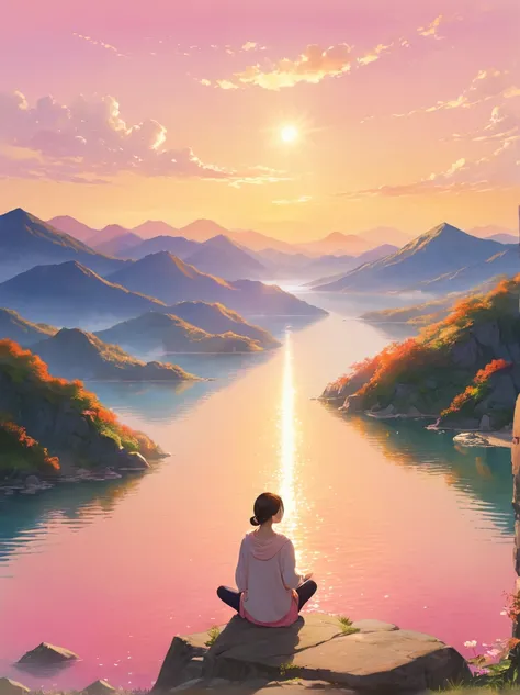 Imagine a peaceful and tranquil morning scene。On the mountain top，Surrounded by calm waters，A person bathing in the first rays of sunlight at dawn。The sun rises over the horizon，Warm light shines on the water，Make the sky appear orange and pink，Let the wat...