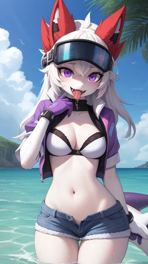 ((best quality, Masterpiece, Complete anatomy, Detailed pictures)), 1 female, arctic protogen, shark girl, Long visor, purple visor, purple eyes, sexy body, Big Pong, Chest 87, Waist 57, Thigh 86, naked, Shark tail, red red, shy, in the sea, Denim short, w...