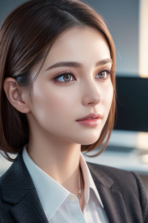 Beautiful attention to detail, Beautiful lip detail, Highly detailed eyes and face, Long eyelashes, Elegant office lady, Professional business attire, Office Environment, machine, computer, document, (Highest quality,4K,High resolution,masterpiece:1.2),Sup...