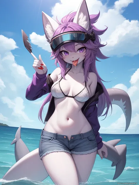 ((best quality, Masterpiece, Complete anatomy, Detailed pictures)), 1 female, arctic protogen, shark girl, Long visor, purple visor, purple eyes, sexy body, Big Pong, Chest 87, Waist 57, Thigh 86, naked, Shark tail, red red, shy, in the sea, Denim short, w...