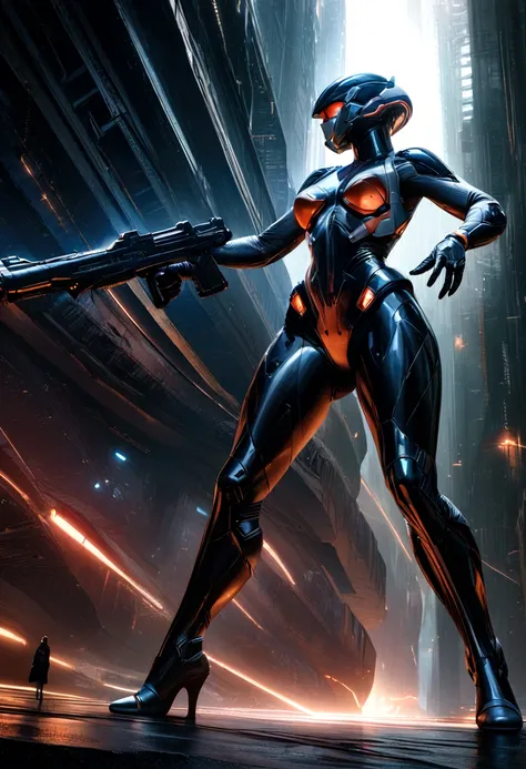 A tall, female figure in a sleek, futuristic Metroid suit, holding a light gun, photorealistic, 8K HDR, cinematic composition, striking pose, dramatic lighting, intricate details, hyper-realistic, stunning sci-fi atmosphere, powerful, confident, dynamic