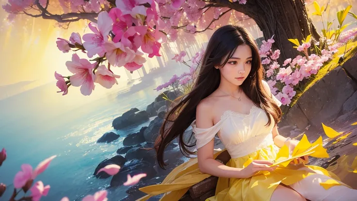 32k, Masterpiece, Highest quality, One girl, Detailed eyes, flower,gladiolus, Yellow and pink style,A dreamy, romantic piece,Pale yellow, Mysterious Leaves,A playful arrangement,Fantasy,High Contrast,Ink strokes,explosion,Exposure, Impression of yellow and...