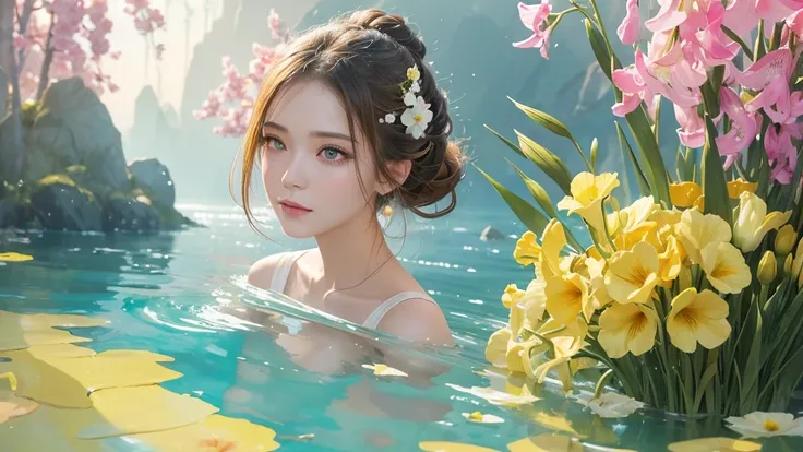 32k, Masterpiece, Highest quality, One girl, Detailed eyes, flower,gladiolus, Yellow and pink style,A dreamy, romantic piece,Pale yellow, Mysterious Leaves,A playful arrangement,Fantasy,High Contrast,Ink strokes,explosion,Exposure, Impression of yellow and...