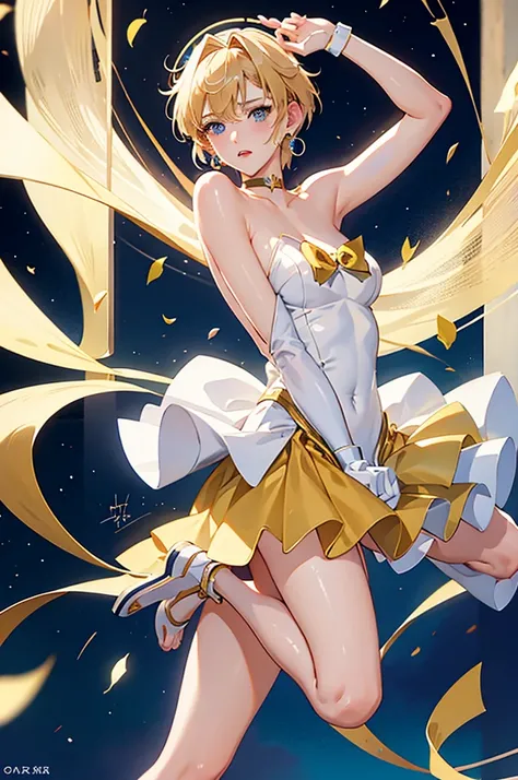 Sailor Uranus,One girl,Blonde,blue choker,Earrings,gloves,jewelry,Magical girl,plant,Sailor Uranus,Sailor Uranus,short hair,alone,star choker,tiara,((very short hair)),white gloves,masterpiece、Highest quality、High resolution、High-quality images、8K, 1 femal...