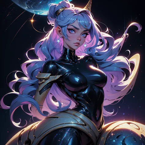 A space dragon sitting at the edge of the universe, lonely, sad, void, stars, the stars mixed in the sea, a sea of stars, ethereal woman, Blue and purple hair , space buns, space outfit, white black and gold outfit, golden dragon horns and tail, space outf...