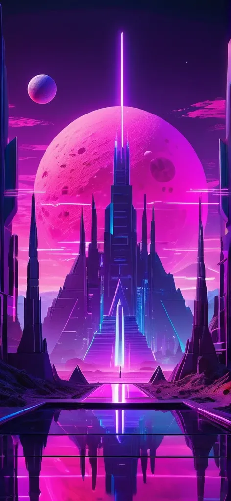 (masterpiece, high resolution, stylish, cool) “Create a futuristic, neon-lit landscape with geometric structures and a reflective surface. Include towering spires and pyramids against a vibrant, colorful sky featuring a planet. The scene should have a cybe...