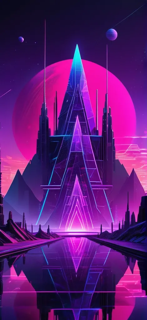 (masterpiece, high resolution, stylish, cool) “Create a futuristic, neon-lit landscape with geometric structures and a reflective surface. Include towering spires and pyramids against a vibrant, colorful sky featuring a planet. The scene should have a cybe...