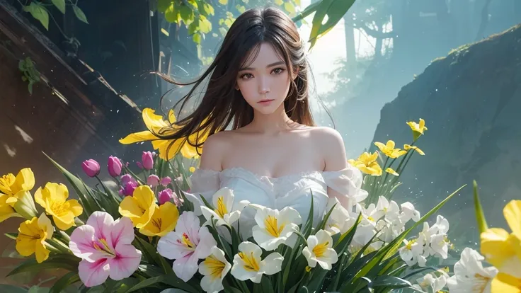 32k, Masterpiece, Highest quality, One girl, Detailed eyes, flower,gladiolus, Yellow and pink style,A dreamy, romantic piece,Pale yellow, Mysterious Leaves,A playful arrangement,Fantasy,High Contrast,Ink strokes,explosion,Exposure, Impression of yellow and...