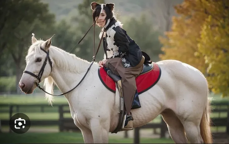 Make a drawing with a female opossum riding a horse 