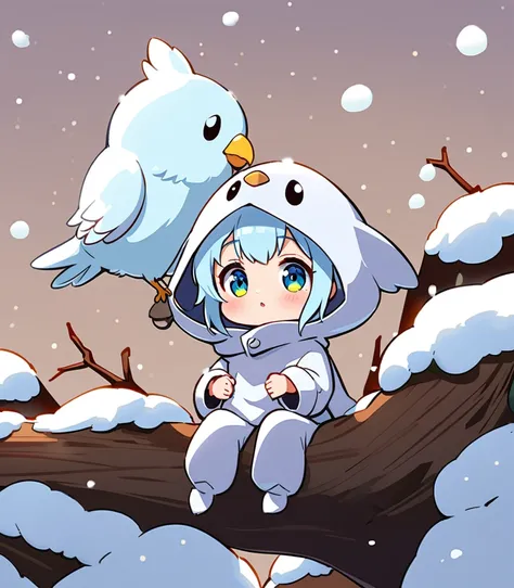 tween girl in white baby-bird kigurumi,there is a small white bird sitting on a branch, birb, kitty-bird hybrid, sentient bird, cute little creature, cute creature, anthropomorphic bird,Long-tailed-Tit, sparkling bird eyes, on a branch, the cutest creature...