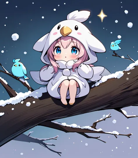 tween girl in white baby-bird kigurumi,there is a small white bird sitting on a branch, birb, kitty-bird hybrid, sentient bird, cute little creature, cute creature, anthropomorphic bird,Long-tailed-Tit, sparkling bird eyes, on a branch, the cutest creature...