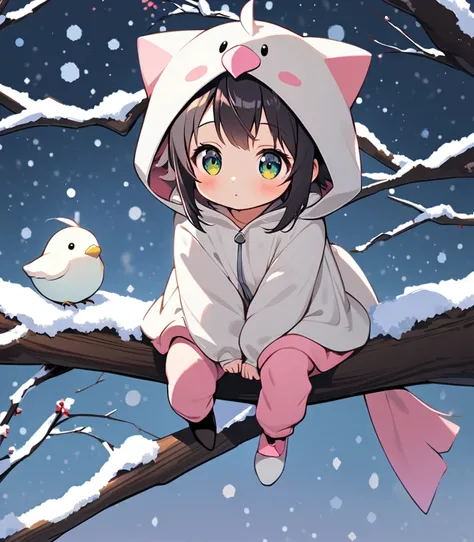 tween girl in white baby-bird kigurumi,there is a small white bird sitting on a branch, birb, kitty-bird hybrid, sentient bird, cute little creature, cute creature, anthropomorphic bird,Long-tailed-Tit, sparkling bird eyes, on a branch, the cutest creature...