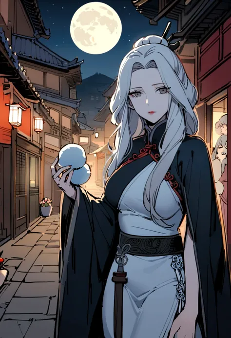 Masterpiece, Best, Night, Full Moon, 1 Female, Mature Woman, Chinese Style, Ancient China, Elder Sister, Royal Sister, Cold Face, Expressionless, Silver White Long Haired Woman, Pale Pink Lips, Calm, Intellectual, Three Belts, Gray Hitomi, assassin, dagger...