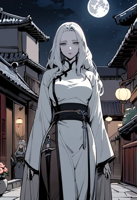 Masterpiece, Best, Night, Full Moon, 1 Female, Mature Woman, Chinese Style, Ancient China, Elder Sister, Royal Sister, Cold Face, Expressionless, Silver White Long Haired Woman, Pale Pink Lips, Calm, Intellectual, Three Belts, Gray Hitomi, assassin, dagger...