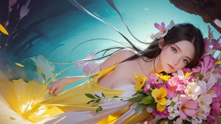 32k, Masterpiece, Highest quality, One girl, Detailed eyes, flower,gladiolus, Yellow and pink style,A dreamy, romantic piece,Pale yellow, Mysterious Leaves,A playful arrangement,Fantasy,High Contrast,Ink strokes,explosion,Exposure, Impression of yellow and...