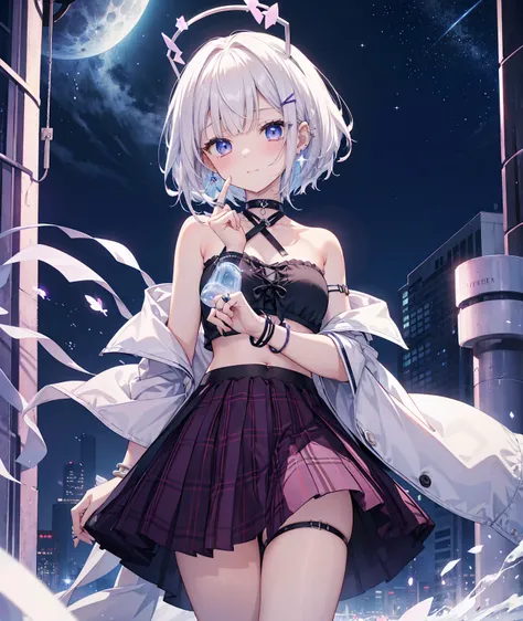 ​masterpiece, of the highest quality, Highly detailed,The best shading、
Beautiful anime face, white hair and blue eyes, full body Esbian, Standing, Good posture,、Hold up your little finger、Glowing skin, ear piercings,Shorthair,Side tail、Bangs that hide the...