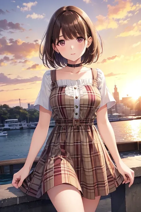 Light brown girl, glossy maroon short hair、Beautiful brown eyes、Sparkling eyes、Ultra-detailed eyes, Wearing a light blue checked dress, sunset background, sunset, 4K,(((High-quality images)))), Shades of green