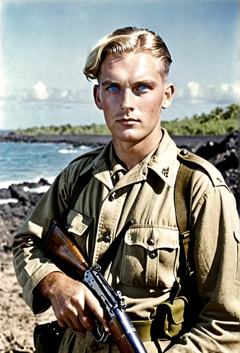  adult man, blue eyes, ww2 soldier, hairstyle blonde hair, holding a garand m1, in Pacific khaki uniform 