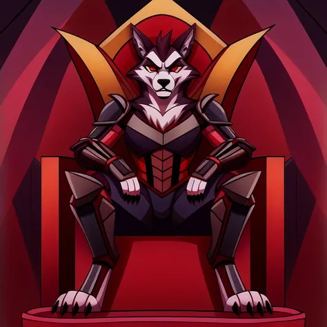 (masterpiece, best quality:1.2),  three-headed canserbero, hellhound, wolf, furry, helluva boss, angry face, with combat armor, sitting in a throne, in futuristic laboartory