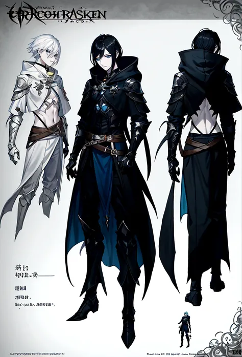 A young male with thin muscular phisque, black hair with blue eyes, hair long, dark outfit, three-dimensional facial features，Clear Eyes，rough skin texture，pale skin, Dark lowered hood n back of jacket, boots on feet，The concept of a modern character, comp...