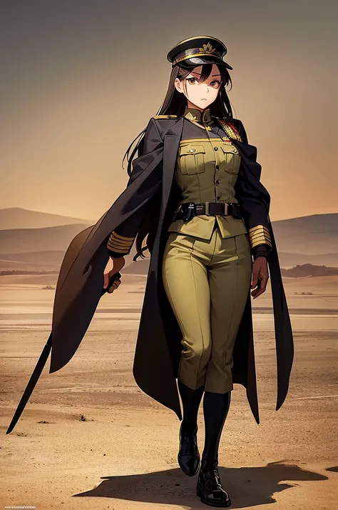 Content:
A black anime woman in a uniform inspired by German WW2 attire, standing in the desert. She has a mature face with long brown hair and brown eyes, exuding confidence and authority. She is depicted as a military general.

Medium:
Concept art, digit...