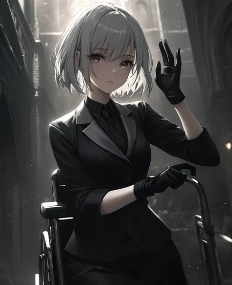 (a woman with one arm,handicapped), short white hair, intense expression, wearing a slim-fit black suit with black gloves, highly detailed, photorealistic, intricate details, masterpiece, dramatic lighting, cinematic, moody atmosphere, chiaroscuro, dark an...