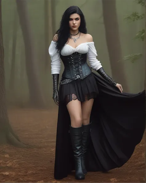 split lighting photography, (ohwx woman:1.0),yennefer de the witcher 3: a black corset with a flowy black skirt and black knee-h...