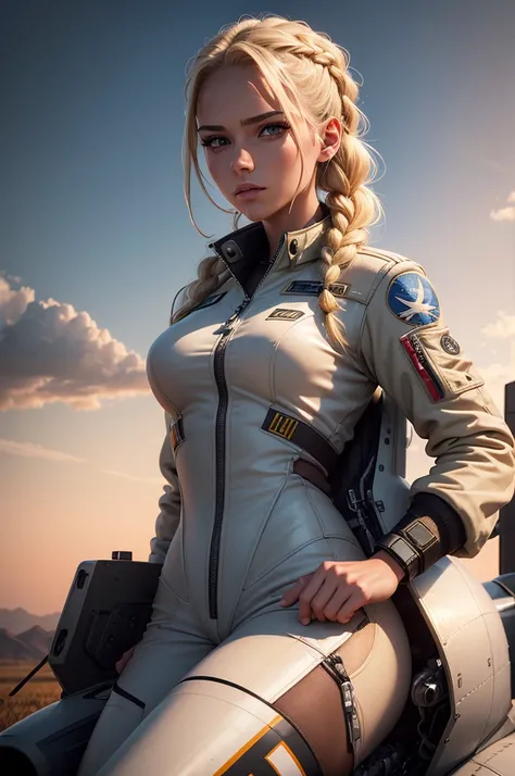 1girl, female pilot, blonde hair, long braids, flight suit, extremely detailed face and eyes, beautiful detailed lips, longeyelashes, muscular body, athletic, confident expression, posing, outdoor scene, field, dramatic sky, cinematic lighting, vibrant col...