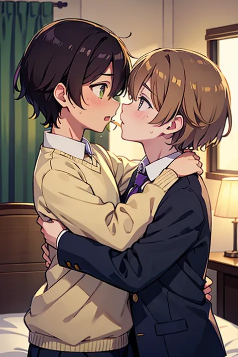 two gay boys kissing, shoulders and neck, sweatをかいた, hot, hug, sexy,  stayed, bedroom, bed, in bed, dark room, lamp, lie, face t...