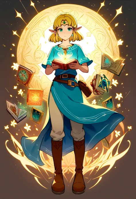 Princess Zelda, One girl, Artist Request, belt, Blonde, blue shirt, Book, boots, Expressionless, whole body, Green Eyes, High resolution, View your viewers, magic, Nintendo, pants, Pointed Ears, shirt, short hair, Simple Background, alone, The Legend of Ze...