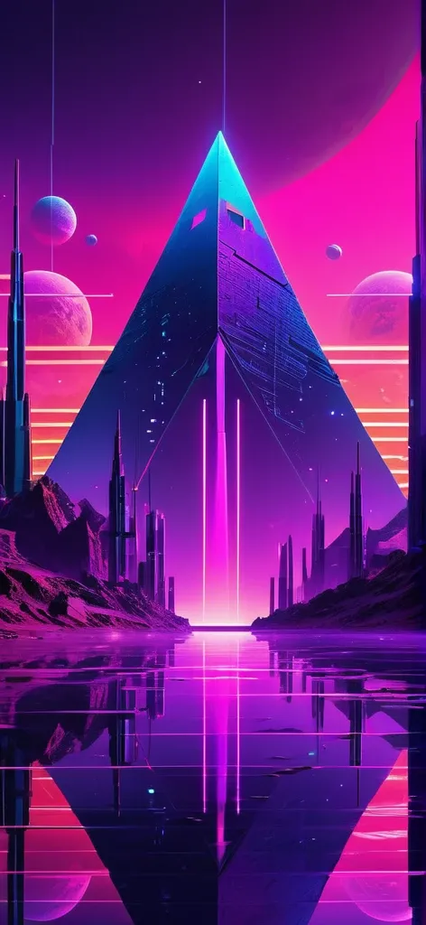 “Create a futuristic, neon-lit landscape with geometric structures and a reflective surface. Include towering spires and pyramids against a vibrant, colorful sky featuring a planet. The scene should have a cyberpunk aesthetic with purple and pink hues, and...