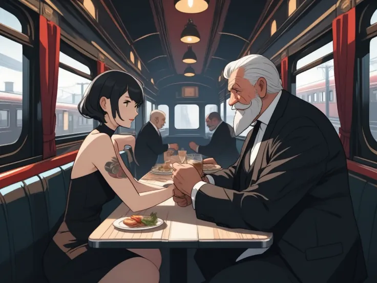 1 old man, fat, mafia boss, white beard , 45 years old, black expensive suite, white short hair, tattos, in  an old train, with ...