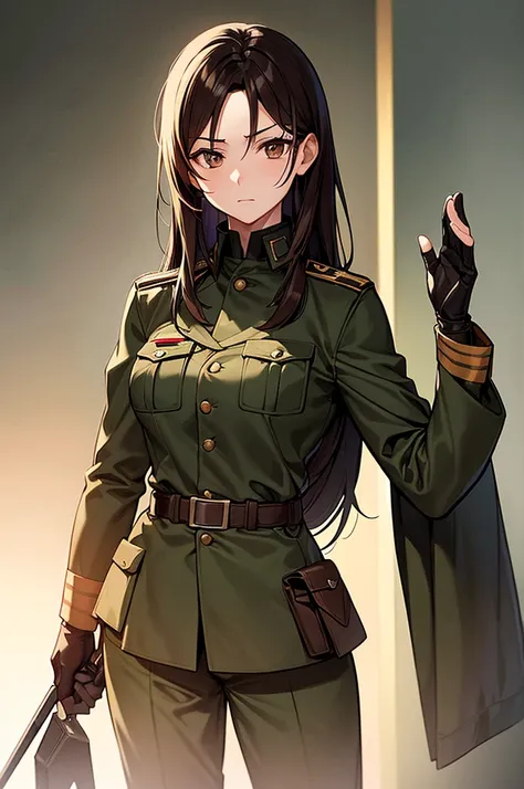 content:
a black, adult female general with long brown hair and brown eyes. she has a mature face and is wearing a uniform loose...