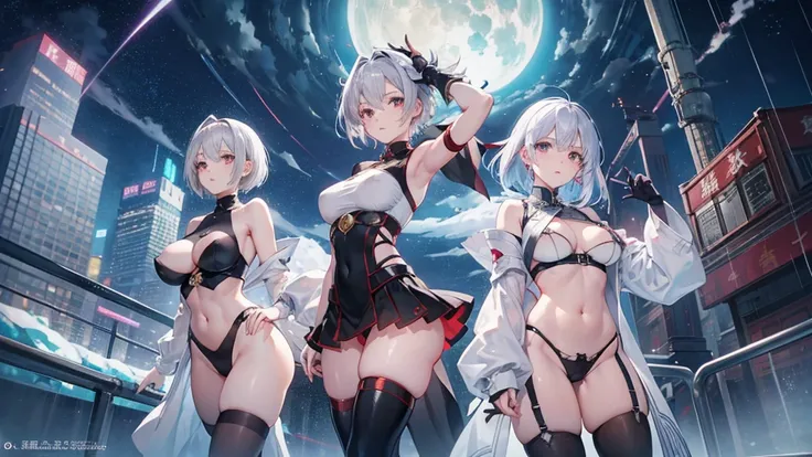 Anime Style、Silver super saiyan-like very short hair、Looking up at the sky from the ground、Adult women、Raise your chin 90 degrees、Red, skin-tight Chinese-style armor、Very thick thighs、Black thigh-high socks、Battlefield on a rainy night、Looking up at the sk...