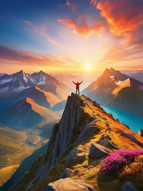 illustrate a solitary figure atop a mountain peak during a glorious sunrise. the individual is seen with their arms stretched wi...