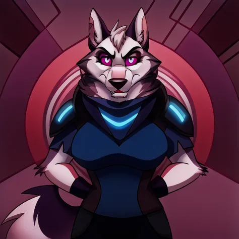 (masterpiece, best quality: 1.2), Vortex Hellhound, a bodyguard, wolf, furry, an amazing boss, hypnotized with glowing purple eyes, serious and angry face, wearing futuristic armor, arresting a female hellhound with normal eyes and scraed face, white fur, ...