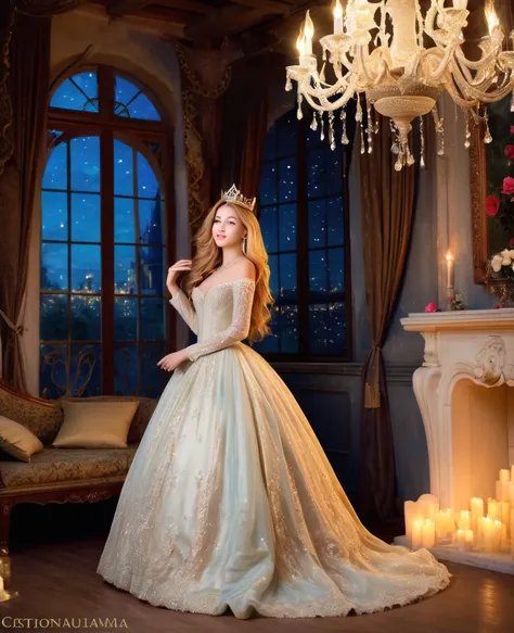 princess, blissful languor, dreamy gaze, beautifully adorned gown, enchanting castle, golden tiara, flowing golden hair, sparkling eyes, starry night sky, soft candlelight, dancing shadows, whispered secrets, romantic atmosphere, gentle breeze, rustling le...