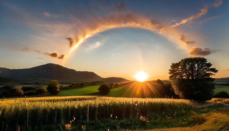 the sun and a black hole rises in the sky of a lush land, un filament de matière lumineuse s'étire du soleil pour être aspirée p...