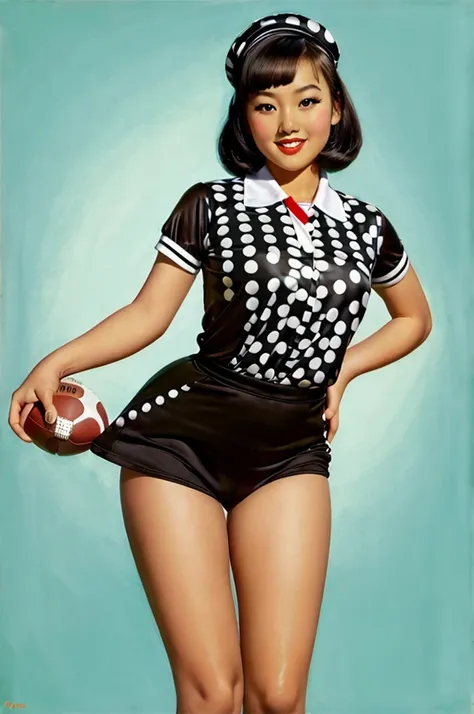 asian girl holding dressed as a football referee with polka dots in pinup style