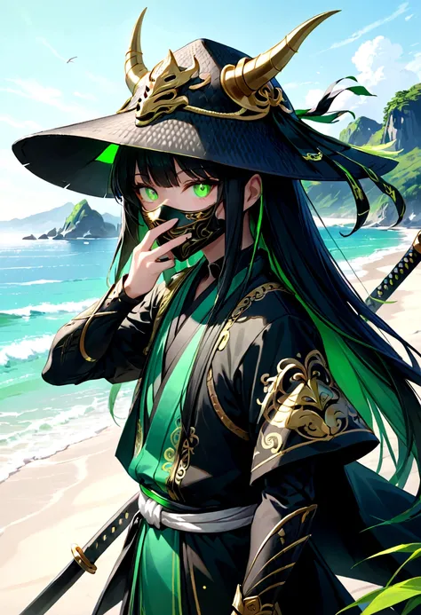 1 gatora, neon green eyes, black long straigh hair with bangs, mask covering the mouth and nose, black samurai hat, green aurea around the body, 1 green sickle on the shore