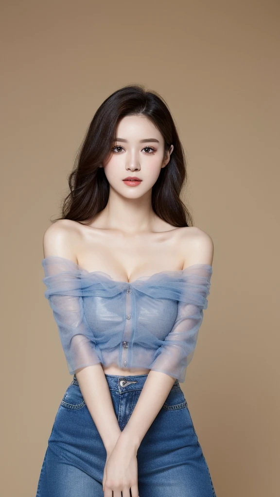 （lifelike， high resolution：1.3）， 1 girl with a perfect figure， The face shape and eyes are super beautiful，Long hair， Random style off-the-shoulder tulle skirt：1.2， Short jeans， Big boobs，Showing cleavage