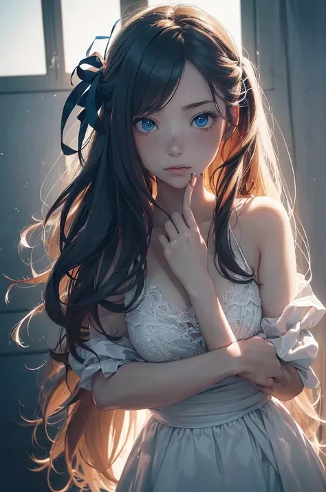 ((1 Female, 1 person, Solitary) Alice,  Humanity, Long curly blond hair, blue eyes, freckle, teenager, 18 years, Rebirth_ongoing) (Main Part, Super detailed, 8K, (HD, Sunlight:0.5, Soft_shadow:0.5, atmosphere_light, 8K, 4K, Surrealism, elegant, ((((Appeara...