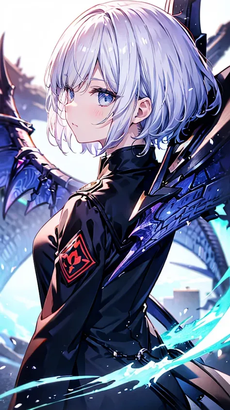 profile background, anime girl, serious face, fringe, short white hair, eyes purple, student clothing, high-res portrait, detailed eyes and face, character, fantasy, with a blue dragon behind, advanced urban, looking from behind at viewer, 4K, high resolut...