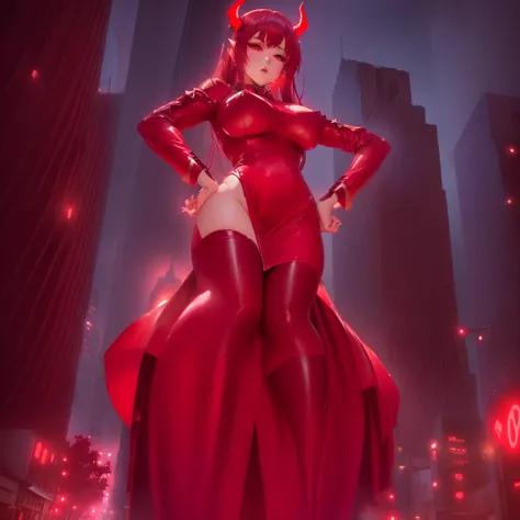 anime girl in a red costume with horns and stockings standing in the middle of a city, demon anime girl, Thick, mica demon, full body devil woman, succubus in short tight dress, artistically gigantic, strongest pose, oppai, Very sexy devil costume, female ...