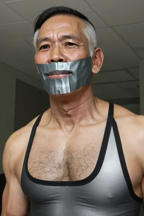 Old indonesian men,tape gag ,hairy chest, white men singlet, 