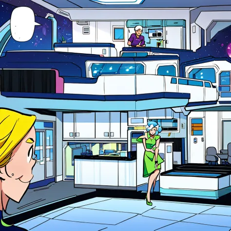 gentle and loving space age house wife in futuristic house